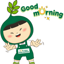 a cartoon character says good morning with a plant on his head