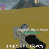 a video game character named eunola 's right hand is holding an angel and davey
