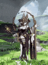 a cartoon character is standing in the grass holding a cane and a shield