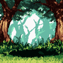 a pixel art of trees and grass with the sun shining through the trees