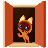 a cartoon cat with blue eyes looks out of an open window