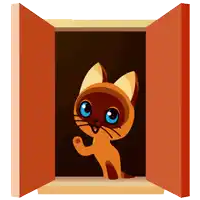 a cartoon cat with blue eyes looks out of an open window