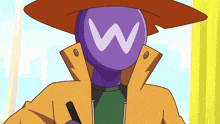 a cartoon character with a purple head with a white w on it
