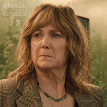 a woman wearing a plaid jacket and a necklace with the words small achievable goals on the bottom