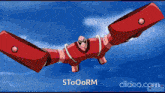 a red robot is flying through a blue sky with the words stooorm written below it