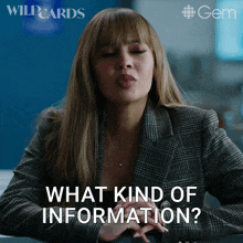 a woman blowing a kiss with the words " what kind of information " next to her