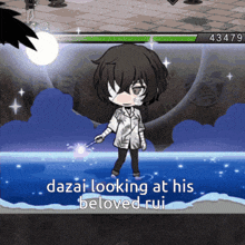 a cartoon character is standing in a body of water with the words dazai looking at his beloved rui