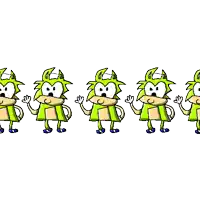 four green cartoon characters are standing next to each other