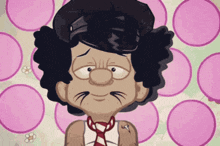 a cartoon of a man wearing a hat and tie with pink circles behind him