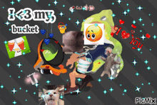 a collage of images with the words i < 3 my bucket on top