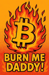 a poster that says burn me daddy with a burning bitcoin on it