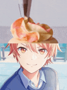 a close up of a person 's face with a cupcake on top of it