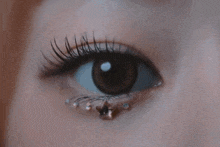 a close up of a woman 's eye with a star in the corner