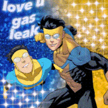 a cartoon of two superheroes with the words love u gas leak