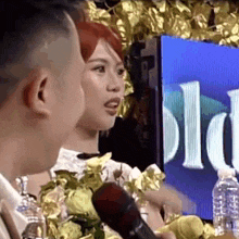 a man and a woman are talking to each other in front of a microphone .