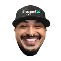 a man with a beard wearing a black hat that says blazzard on it