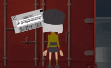 a cartoon character is standing in front of a shipping label