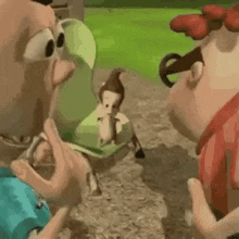 a couple of cartoon characters are standing next to each other on a dirt road .