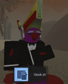 a cartoon character is wearing a tuxedo and has the name glock-19 on the bottom left
