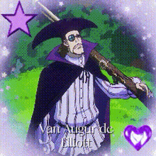 a man in a cape is holding a gun and the name van augur de elliott is on the bottom right