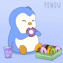 a penguin is eating a donut next to a box of donuts and a glass of soda