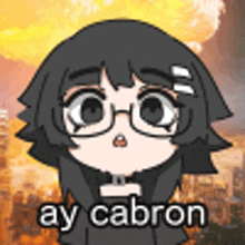 a cartoon girl wearing glasses and a choker is standing in front of a explosion .