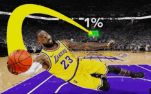a basketball player wearing a lakers jersey is laying on the court