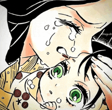 a drawing of a woman holding a baby with tears running down her face