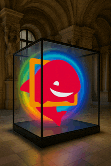 a glass display case with a smiley face inside