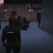 a group of police officers are standing in a dark room