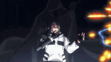 a man with purple hair is holding a gun in front of a grim reaper