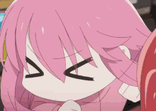 a close up of a pink haired anime girl sleeping with her eyes closed .