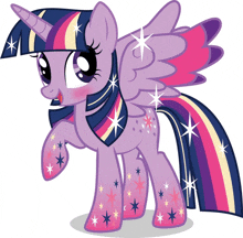 twilight sparkle from my little pony is a purple pony with wings and a rainbow tail