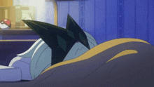 a cartoon character is laying on a bed with a pokeball on the shelf in the background