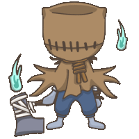 a cartoon of a scarecrow with a bag on his head and a ghost behind him