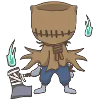 a cartoon of a scarecrow with a bag on his head and a ghost behind him