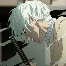 a man with white hair holds a sword in his hand