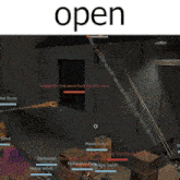 a group of people are playing a video game with the word open above them