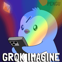 a blue penguin holding a remote control with the words grok imagine written below it