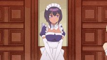 a girl in a maid outfit stands in front of a door