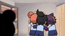 three cartoon characters are hugging in a room