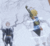 a man in armor holds a sword next to another man