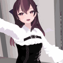 a girl with purple hair is wearing a white shirt and a black dress