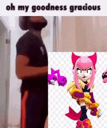 a man with a beard is standing next to a picture of a girl with pink hair holding a sword .