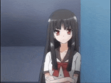 a girl with long black hair and red eyes