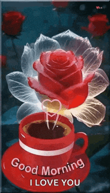 a red cup of coffee and a red rose with a heart in the middle .