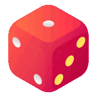 a red dice with white dots and yellow dots on each side