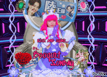 a girl with pink hair is sitting on a throne with the words rise and shine bouquet sunday above her