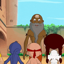 a group of cartoon characters are standing in front of a building with the word disney on the bottom right corner