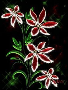 a painting of red and white flowers with green leaves on a black background